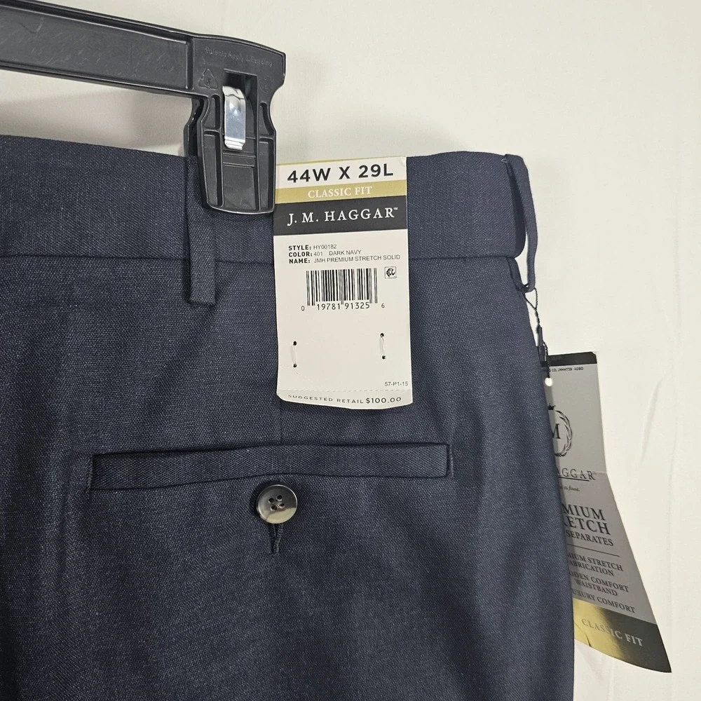 J.M. Haggar Men's Premium Stretch Classic Fit Flat Front Suit Pants 44W 29L Navy